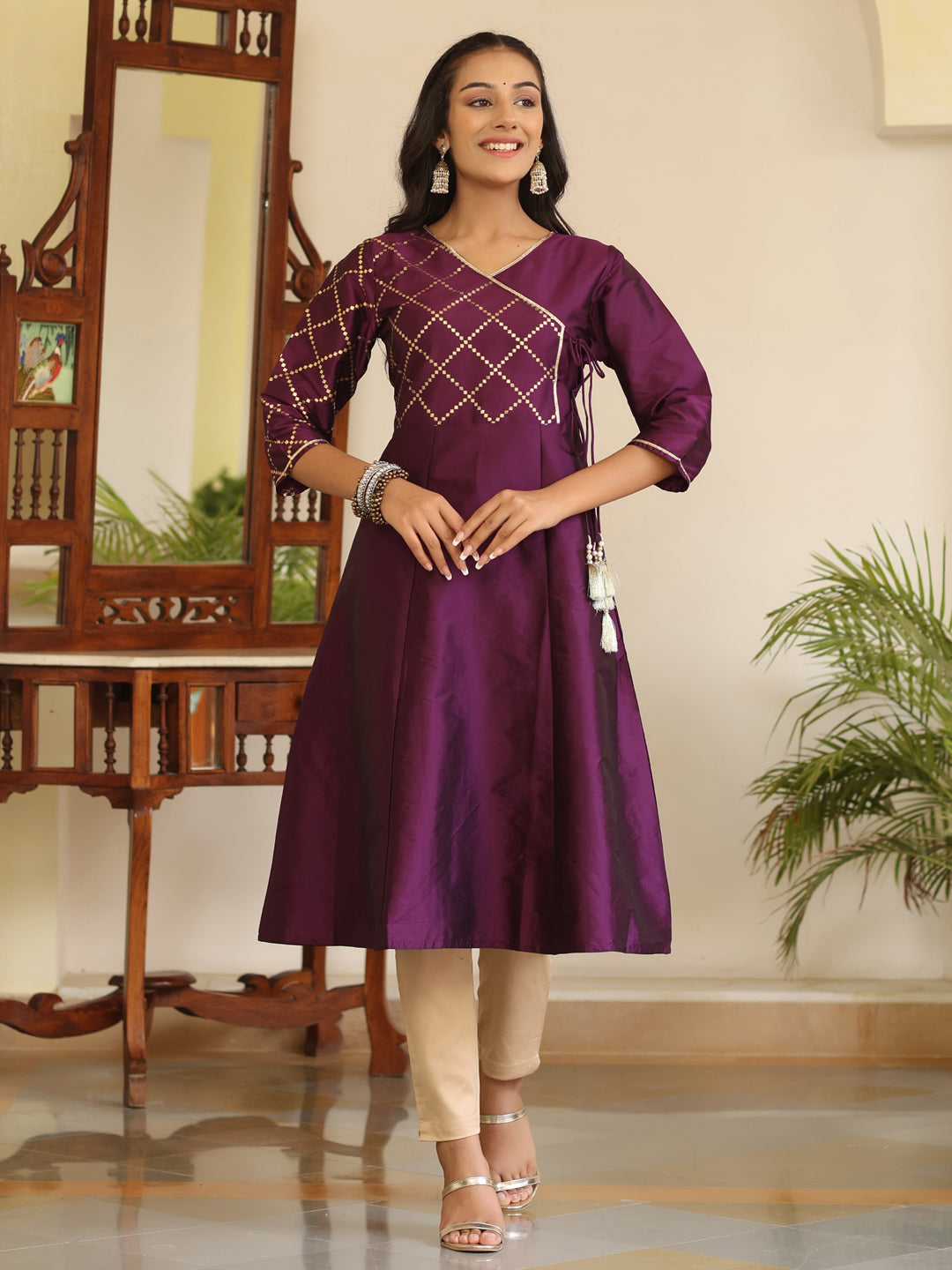 Purple Gold Print Angrakha Pattern Kurta