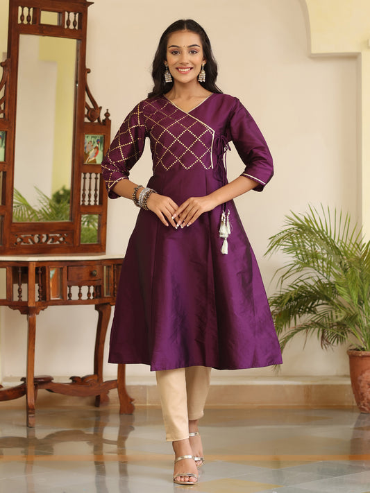 Purple Gold Print Angrakha Pattern Kurta