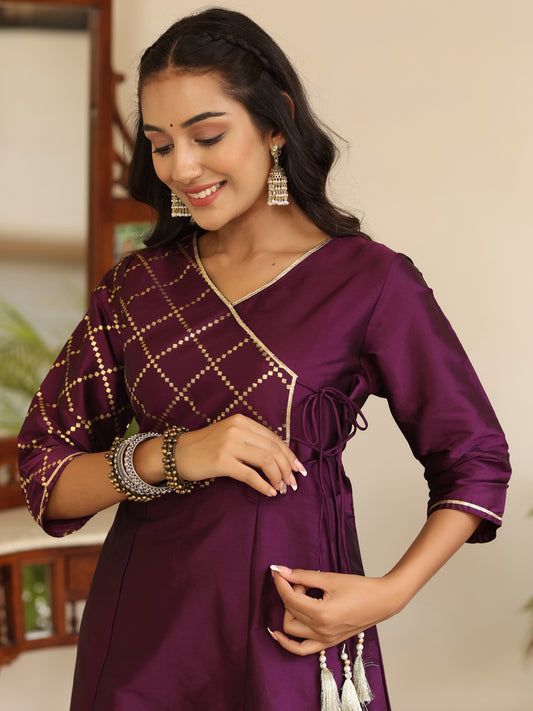 Purple Gold Print Angrakha Pattern Kurta