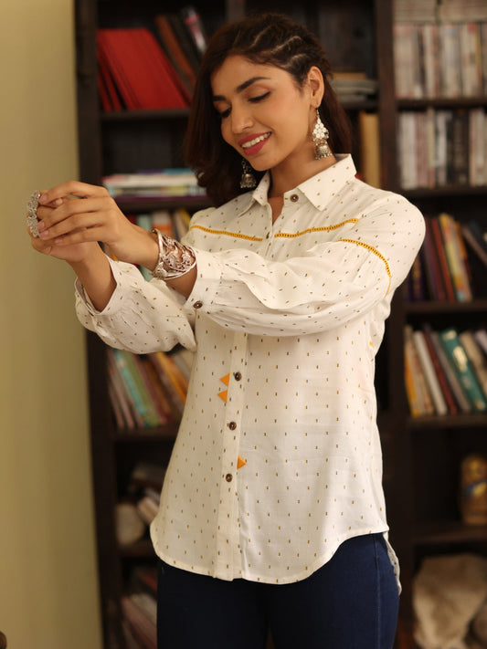 White Cotton Dobby Ikat Printed Shirt With Puffed Sleeves