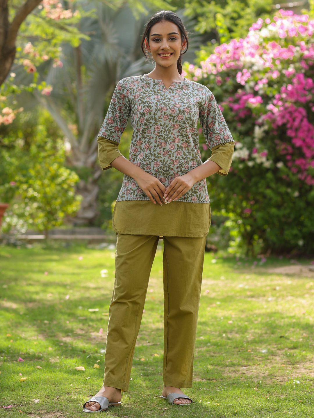 Olive Green Floral Printed Cotton Top With Solid Pants Loungewear Set