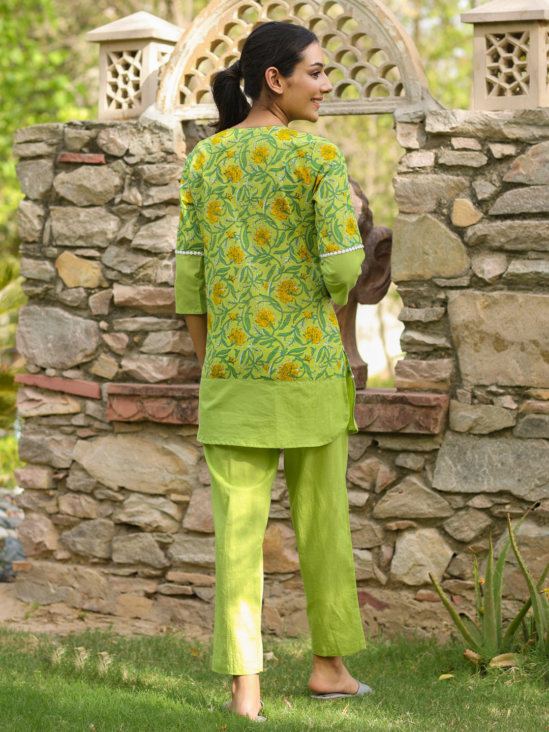 Lime Green Floral Printed Cotton Top With Solid Pants Loungewear Set