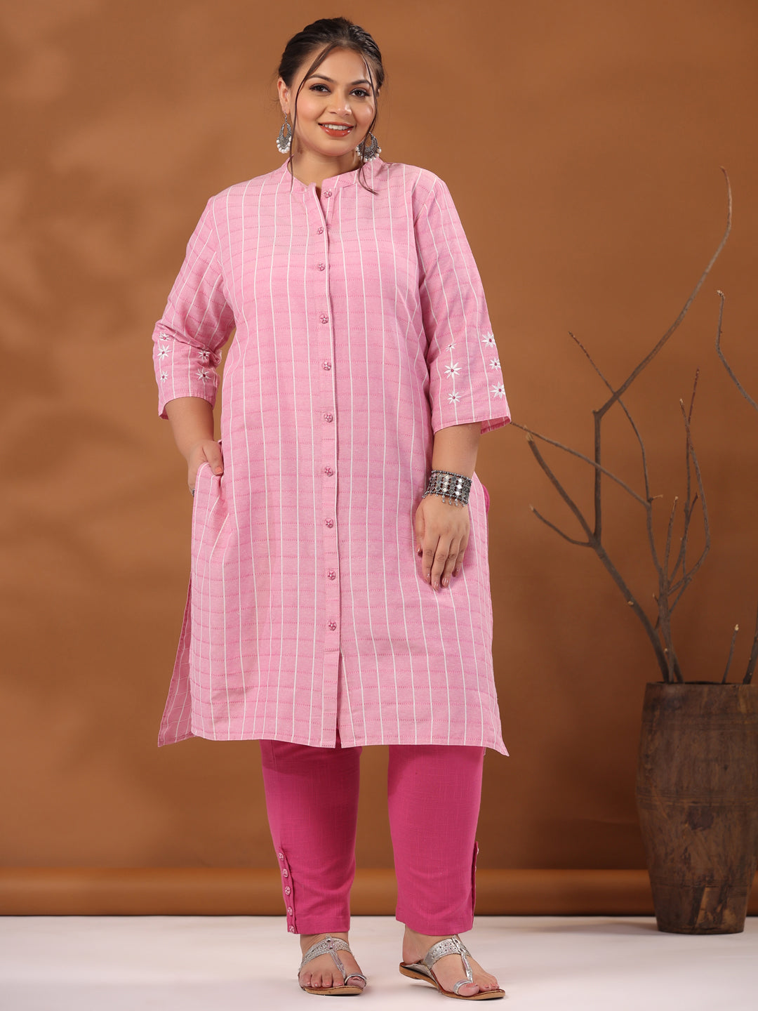 Pink Plus Size Self Weave Checks Straight Embroidered Kurta With Solid Pants