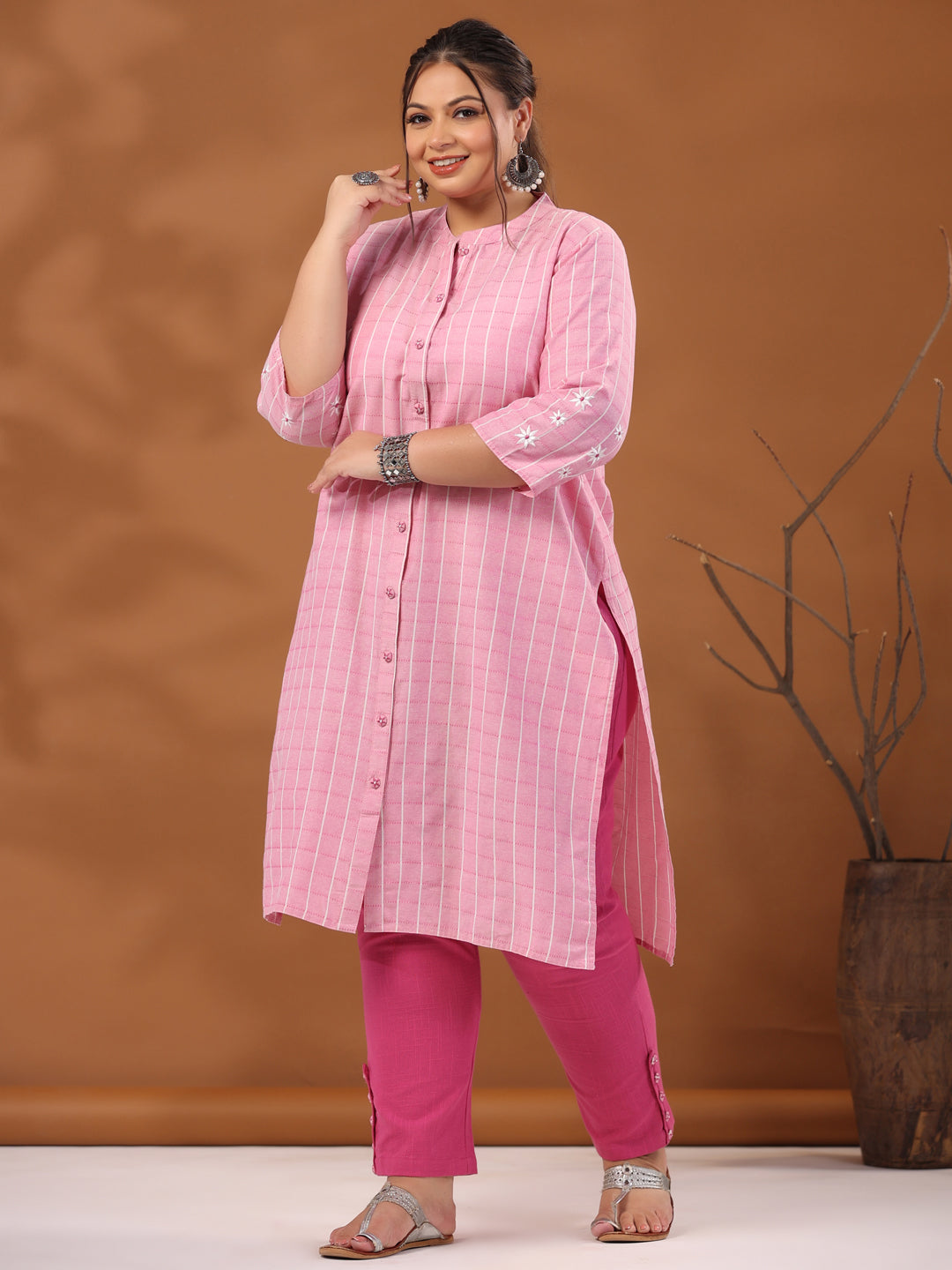 Pink Plus Size Self Weave Checks Straight Embroidered Kurta With Solid Pants