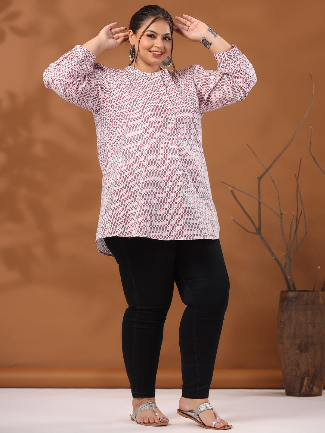 White And Magenta Plus Size Pleated Top