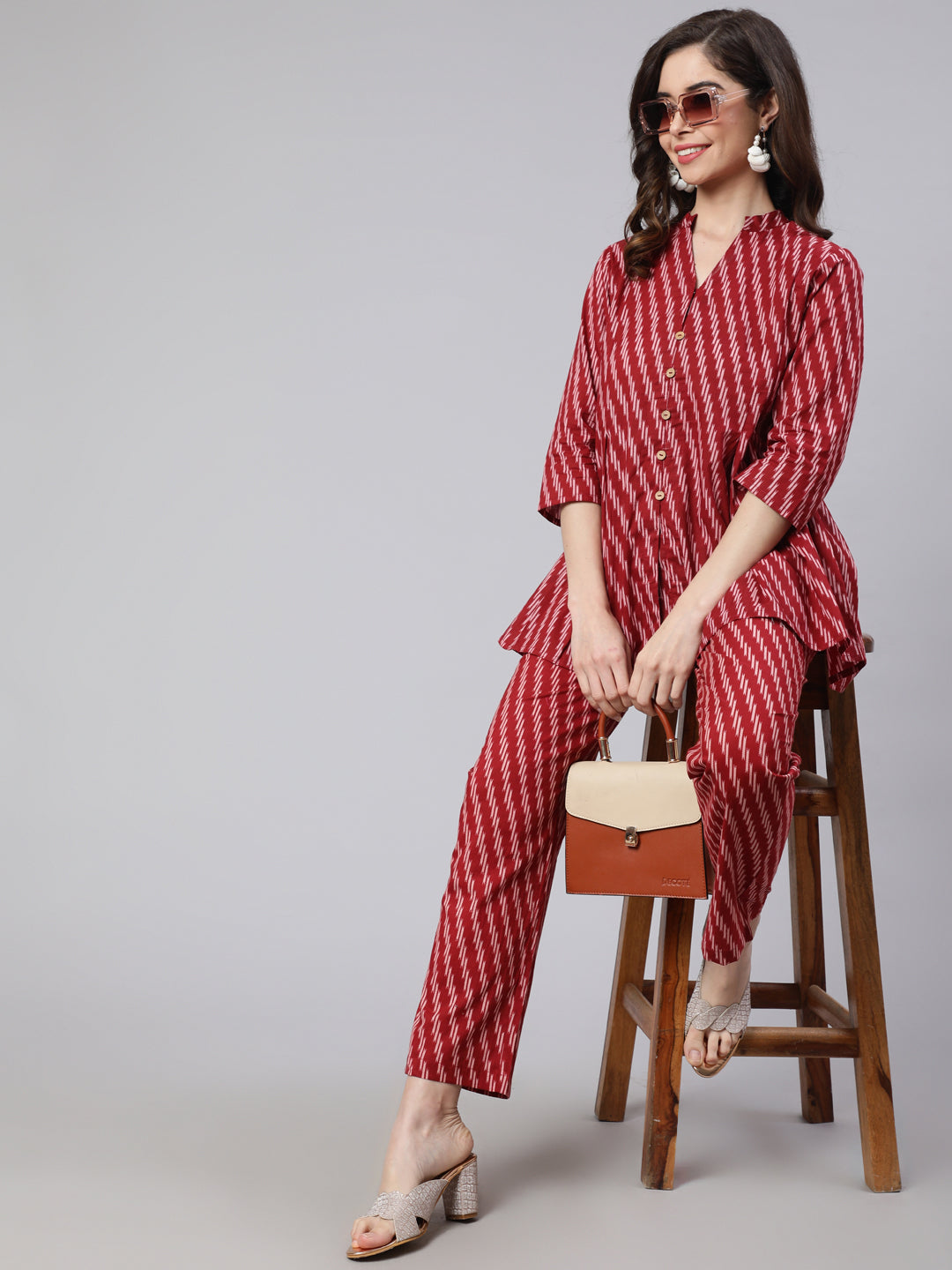 Women maroon printed box pleated top with printed pant co-ord set
