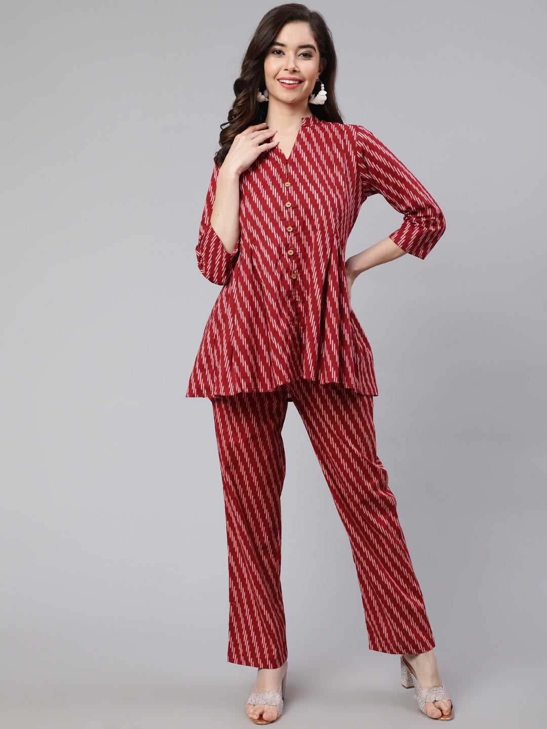 Women maroon printed box pleated top with printed pant co-ord set