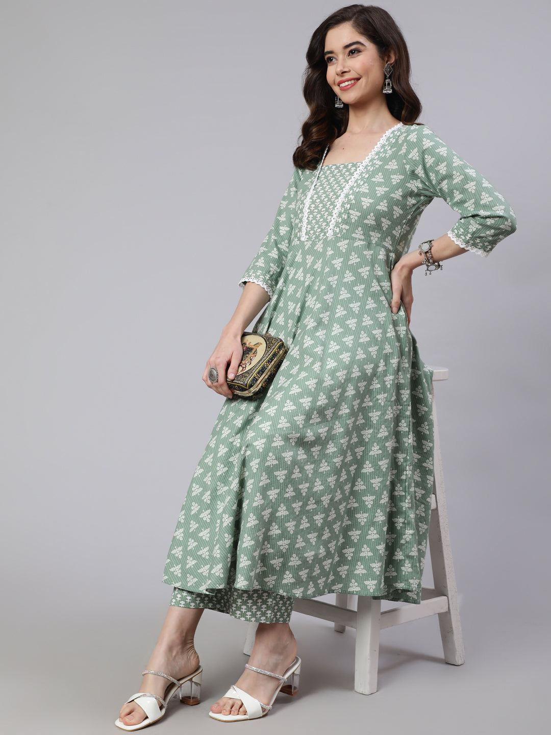 Women Green Woven Ethnic Print Embroidered  Flared Laced Kurta  With Printed Palazzo