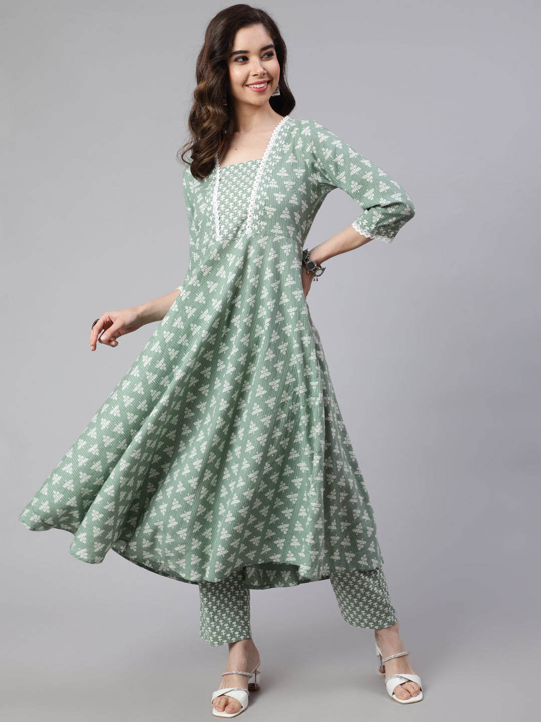 Women Green Woven Ethnic Print Embroidered  Flared Laced Kurta  With Printed Palazzo