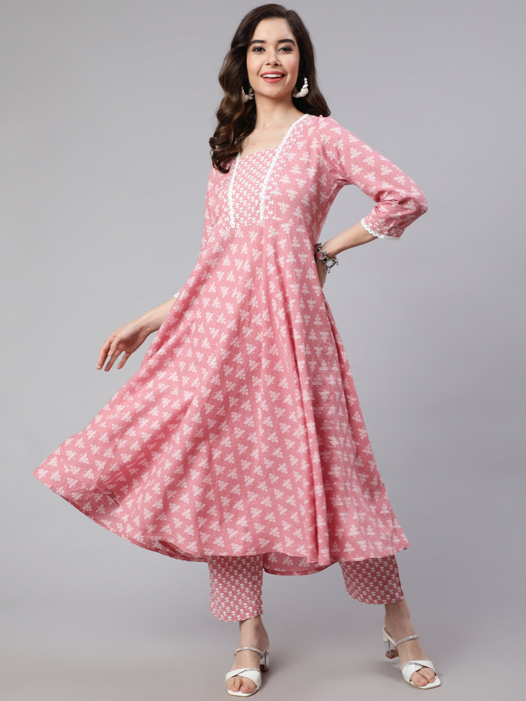 Women Pink Woven Ethnic Print Embroidered  Flared Laced Kurta  With Printed Palazzo
