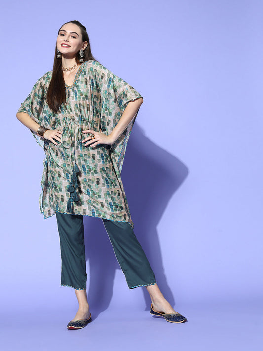 A Green Abstracted Print Muslin Embroidered Kaftan With A Solid Regular Fit Pants