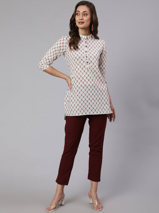 White Geometric Printed Cotton Short Kurta With Burgundy Pants