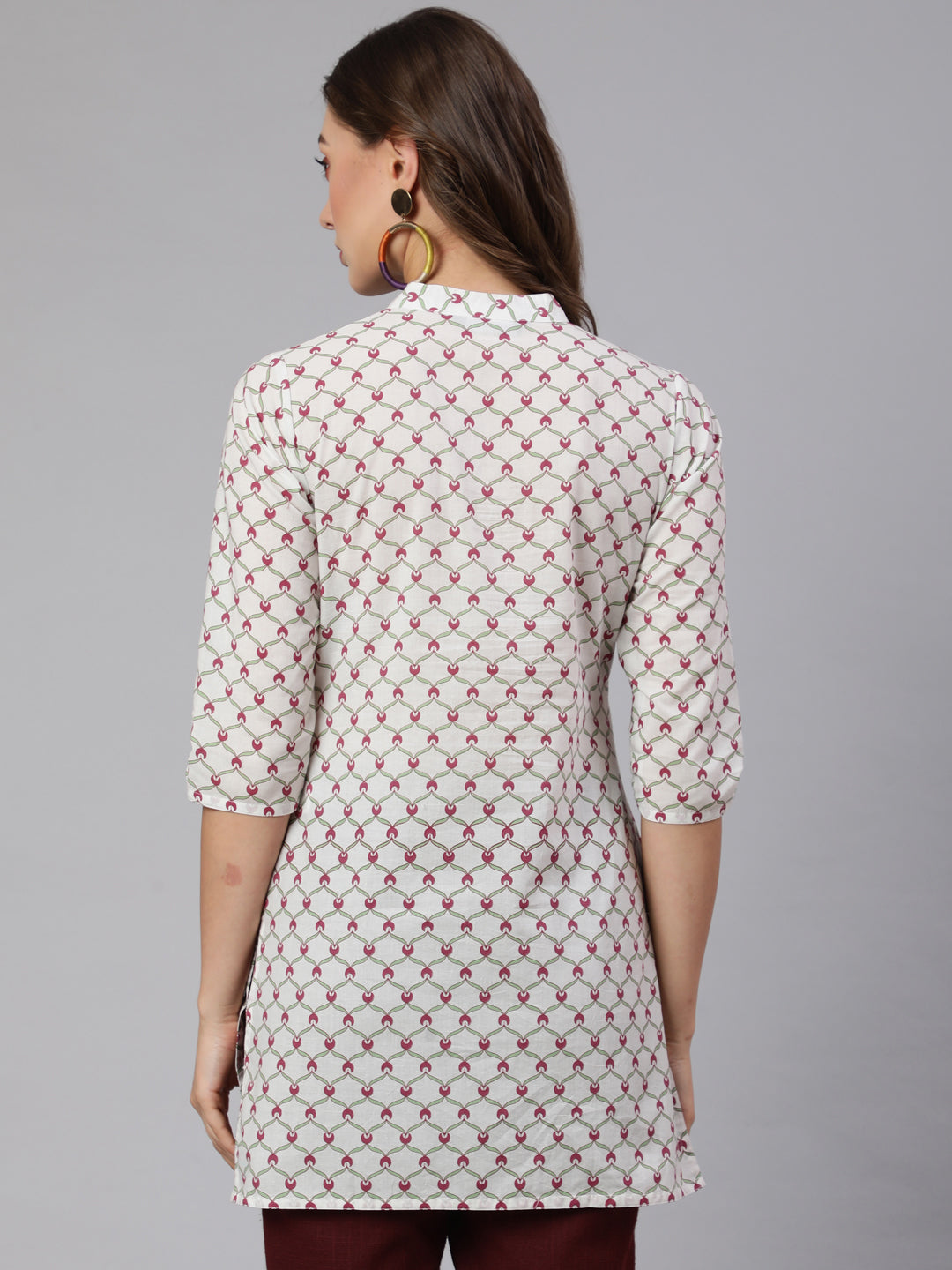 White Geometric Printed Cotton Short Kurta With Burgundy Pants