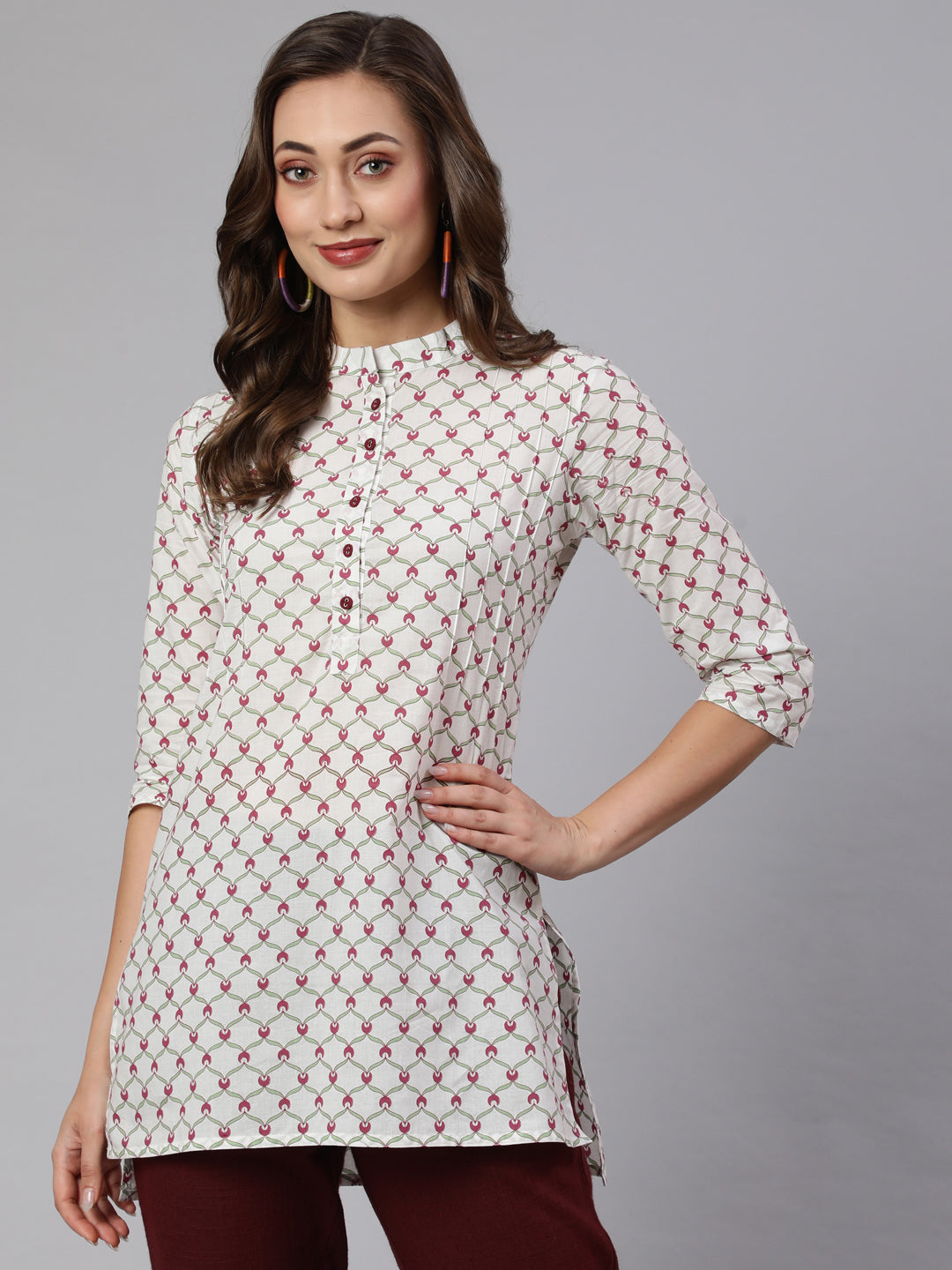 White Geometric Printed Cotton Short Kurta With Burgundy Pants