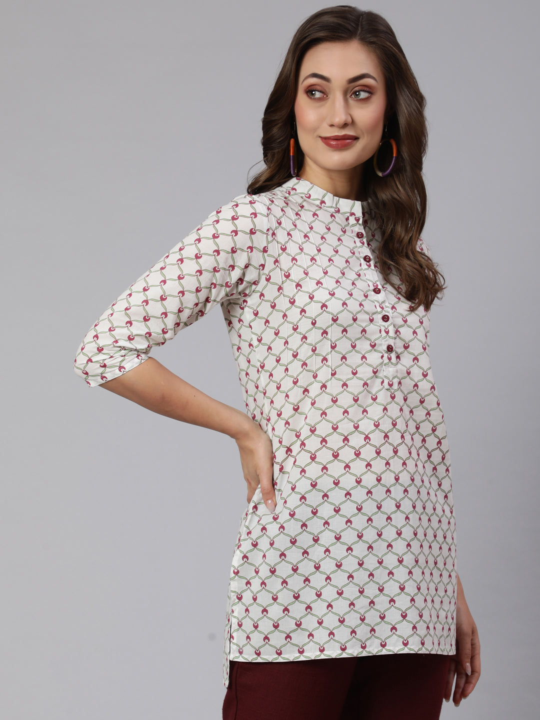 White Geometric Printed Cotton Short Kurta With Burgundy Pants