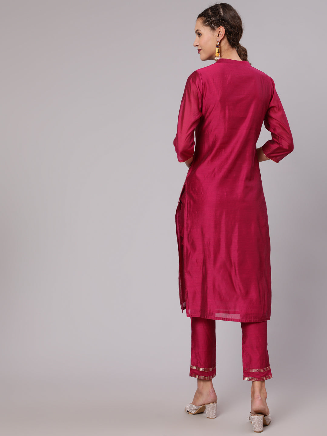 Fuchsia Foil Printed Chanderi Straight Kurta Paired With Solid Pant