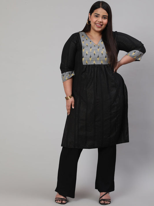 Black Plus Size Self-Weaved Straight Kurta