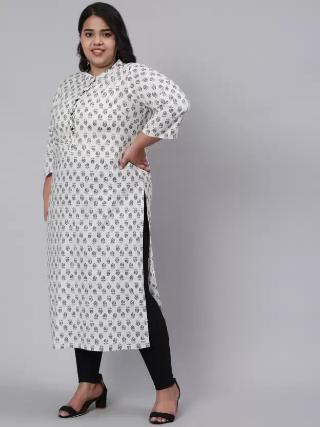 White & Grey Plus Size Straight Fit Cotton Embroidered Kurta