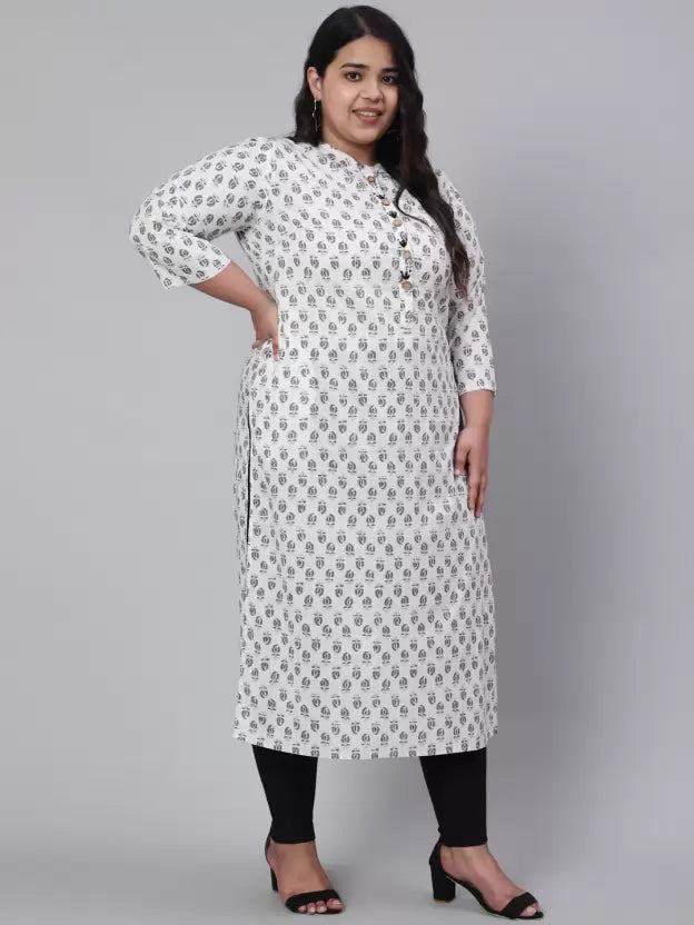 White & Grey Plus Size Straight Fit Cotton Embroidered Kurta