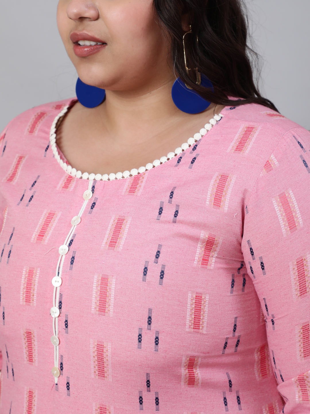 Women Plus Size Pink Self Weaved Straight Kurta With Lace Detail