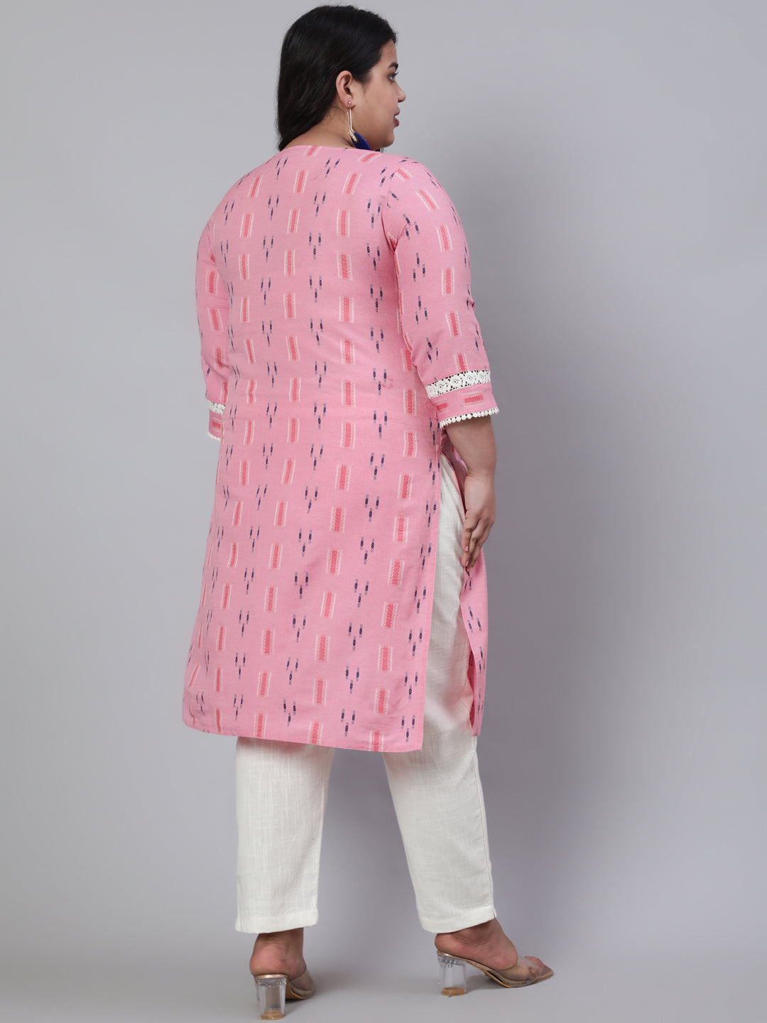 Women Plus Size Pink Self Weaved Straight Kurta With Lace Detail
