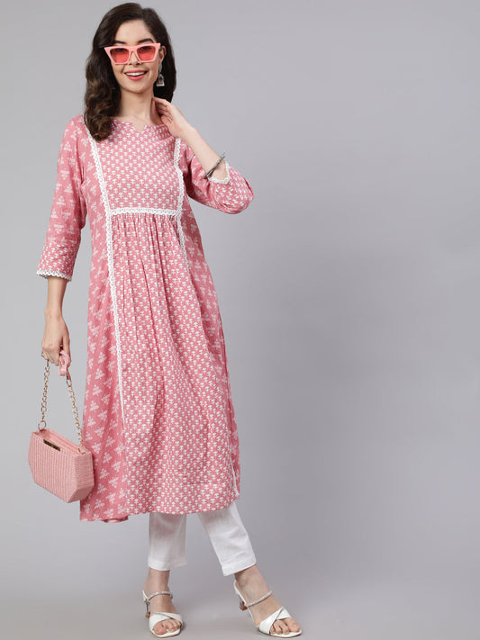 Pink Laced Woven Mix-Match A-line Kurta