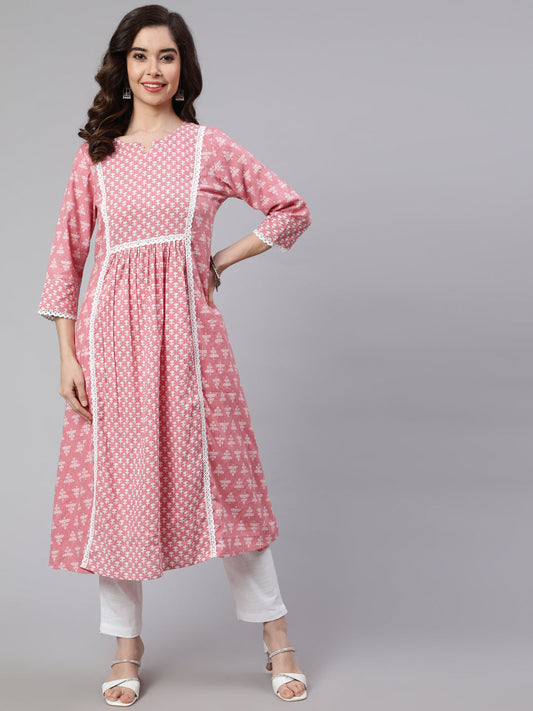 Pink Laced Woven Mix-Match A-line Kurta