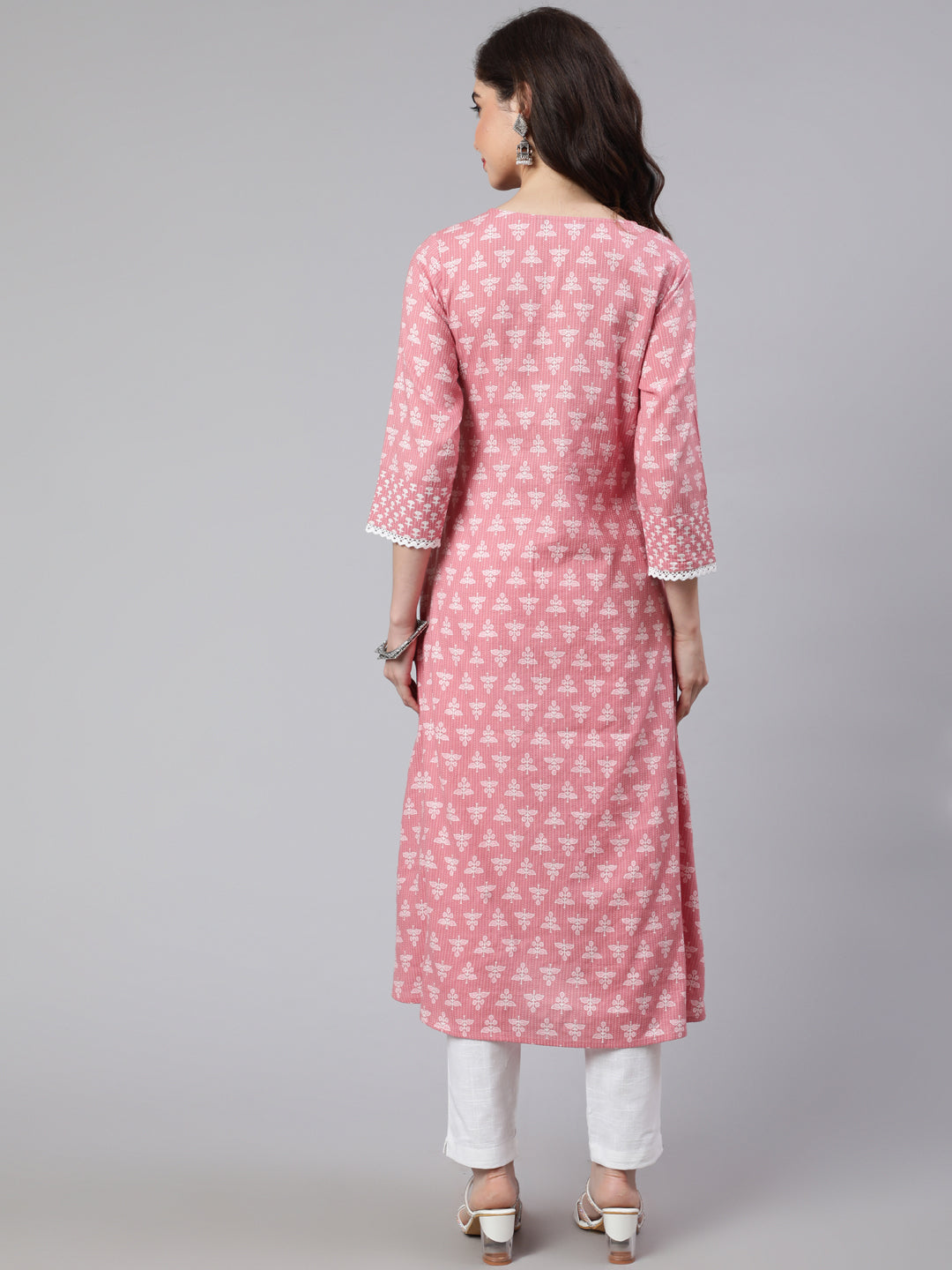 Women Pink Laced woven mix match kurta