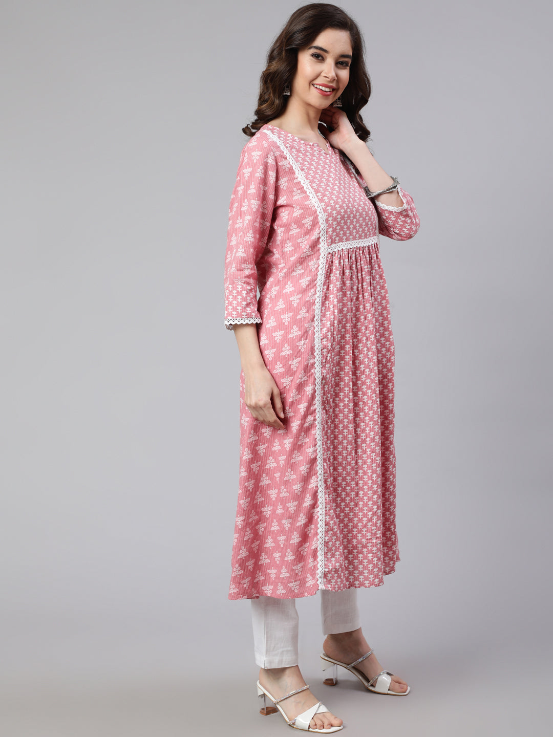 Women Pink Laced woven mix match kurta