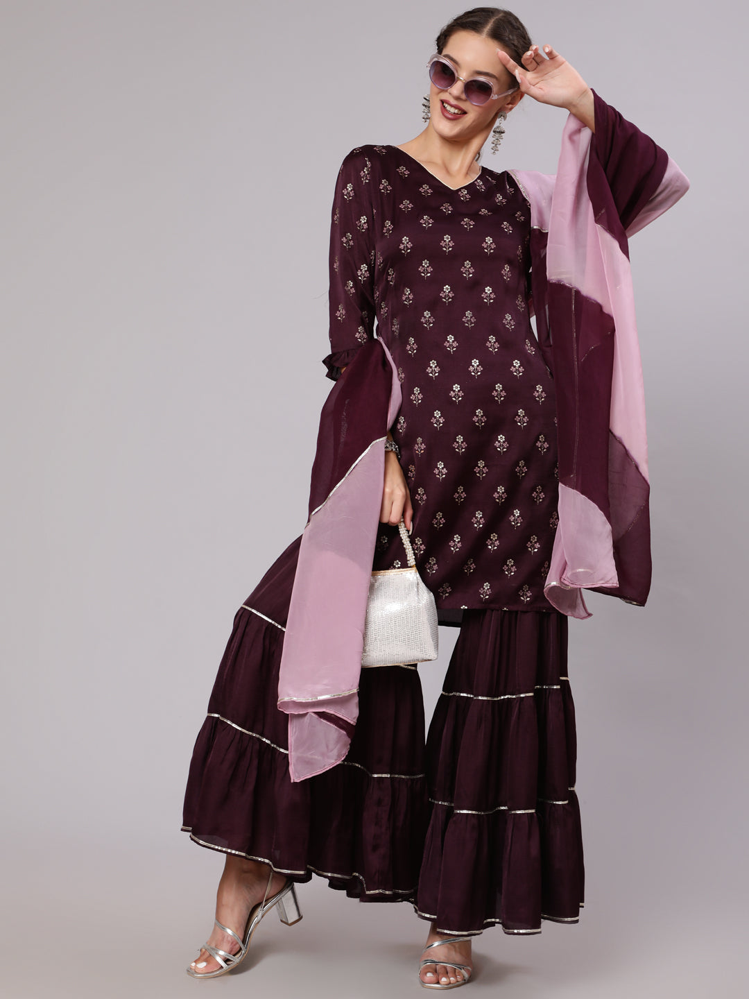 Wine Silk Printed Kurta With Sharara And  Ombre Organza Dupatta