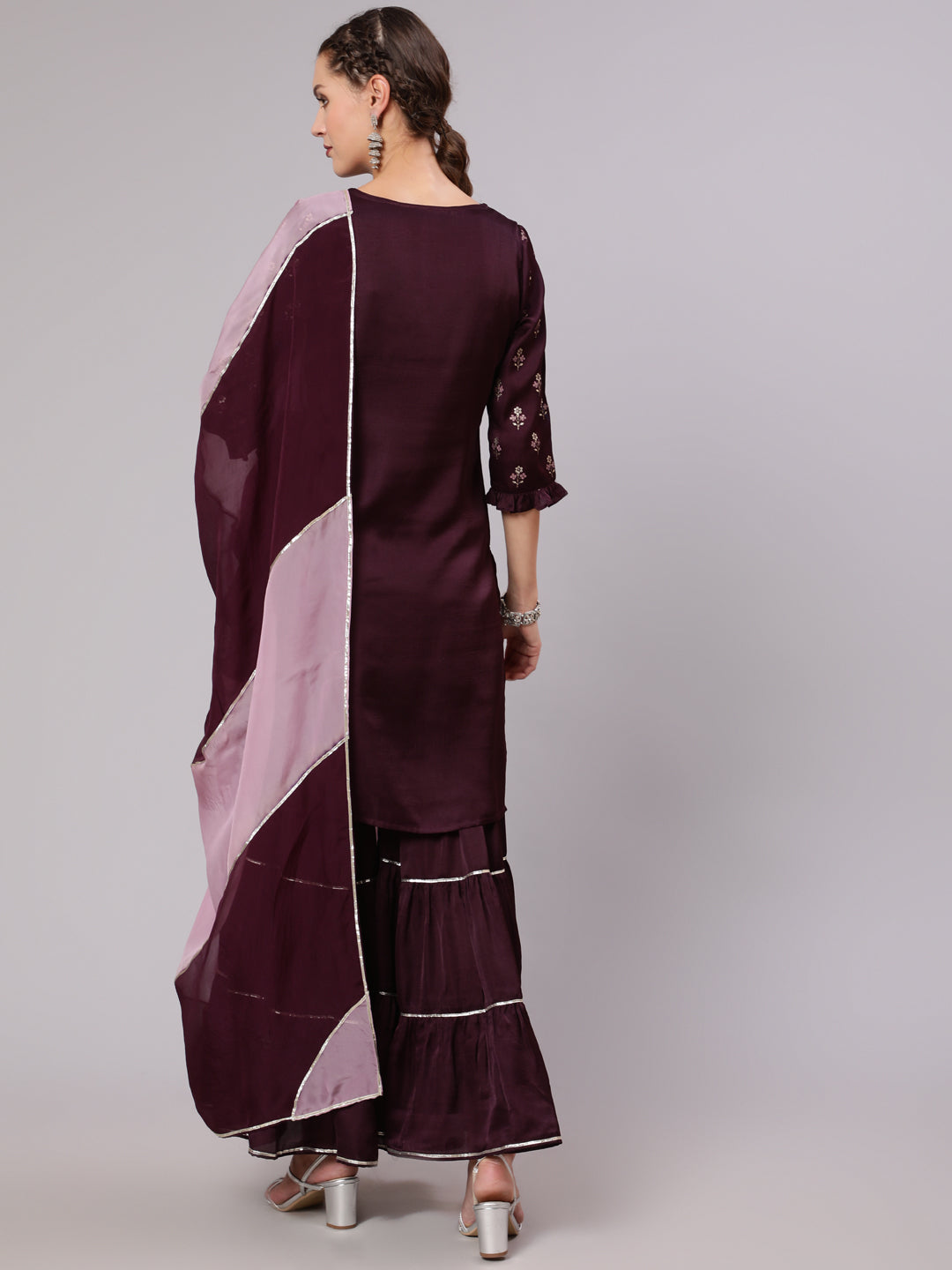 Wine Silk Printed Kurta With Sharara And  Ombre Organza Dupatta