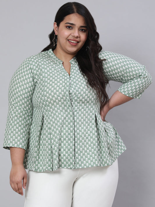 Women Plus Size Green Woven Printed Pleated Top