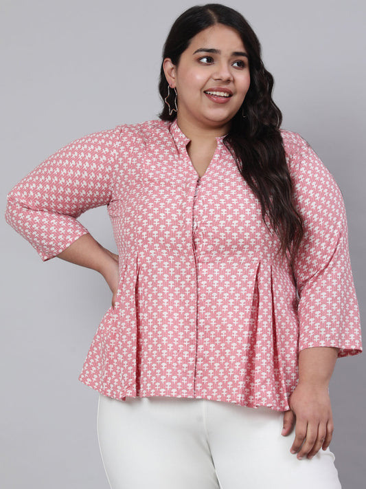 Women Plus Size Pink Woven Printed Pleated Top