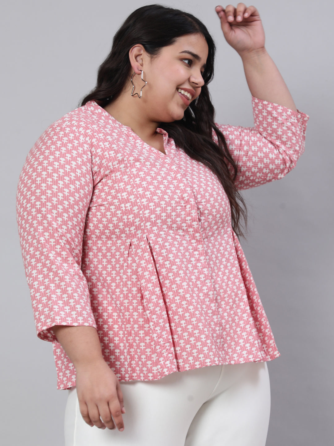 Women Plus Size Pink Woven Printed Pleated Top