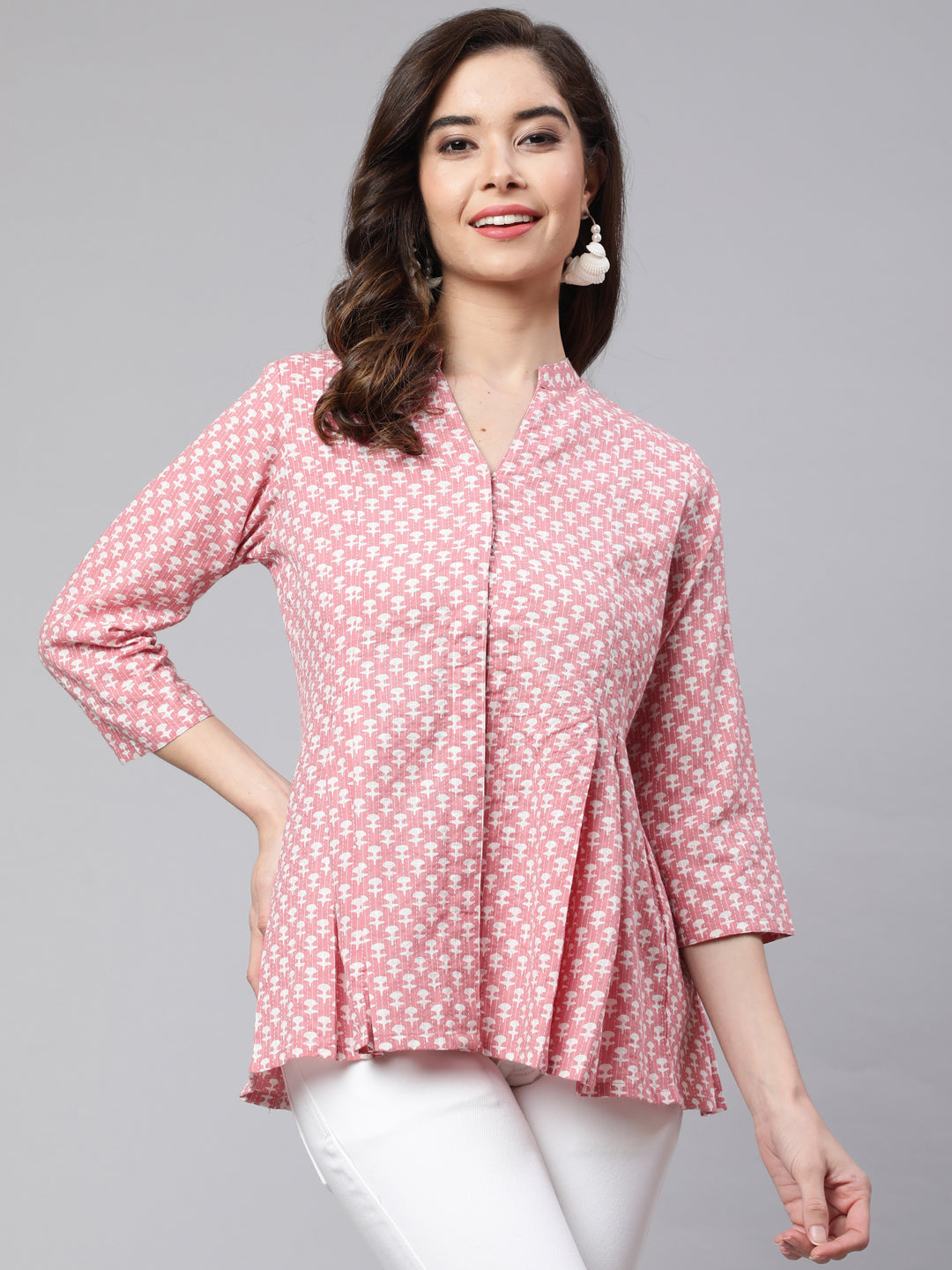 Women Pink Woven Printed Pleated Top