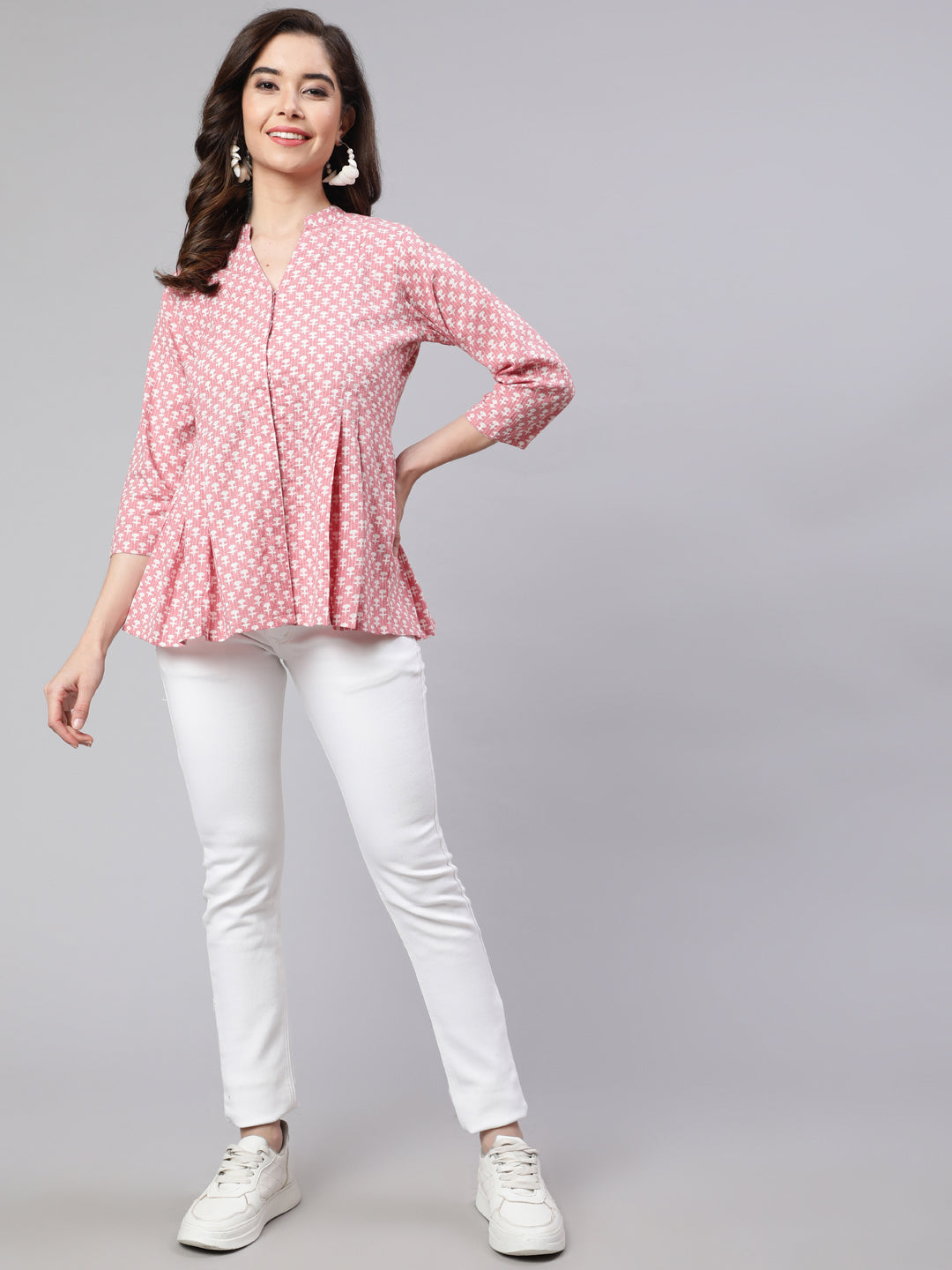 Pink Woven Printed Pleated Top