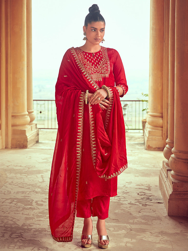 Women Red Straight Embroidered Kurta With Pants And Dupatta