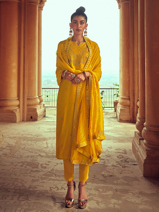 Mustard Straight Zardozi Work Kurta With Pant & Dupatta