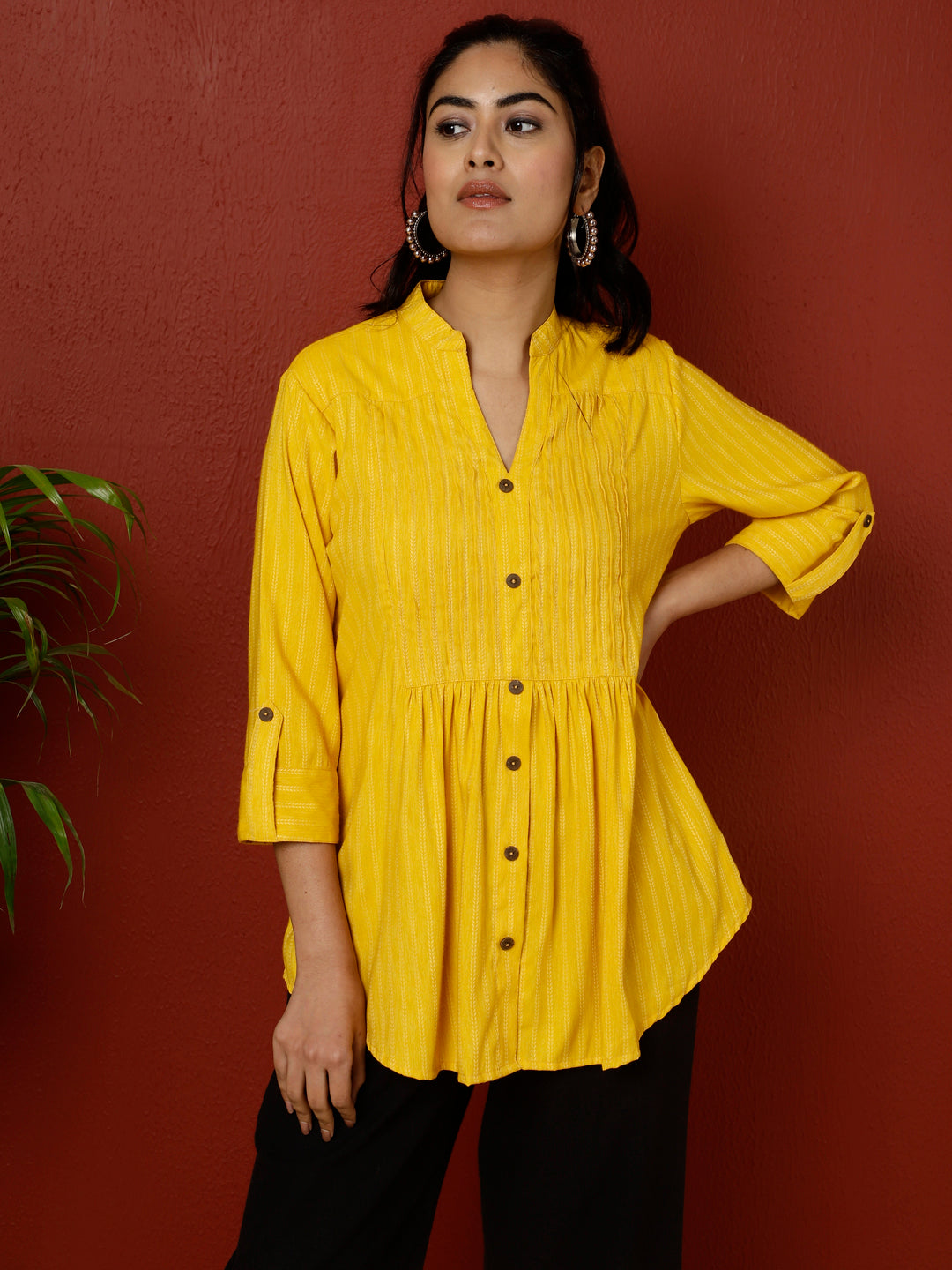 Yellow Yarn Dyed Pleated Top