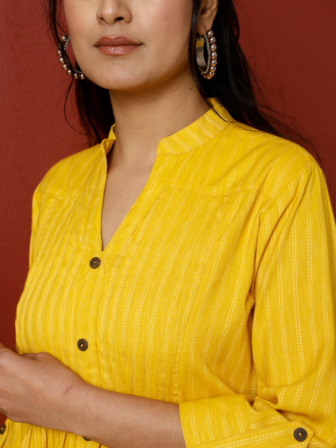 Yellow Yarn Dyed Pleated Top