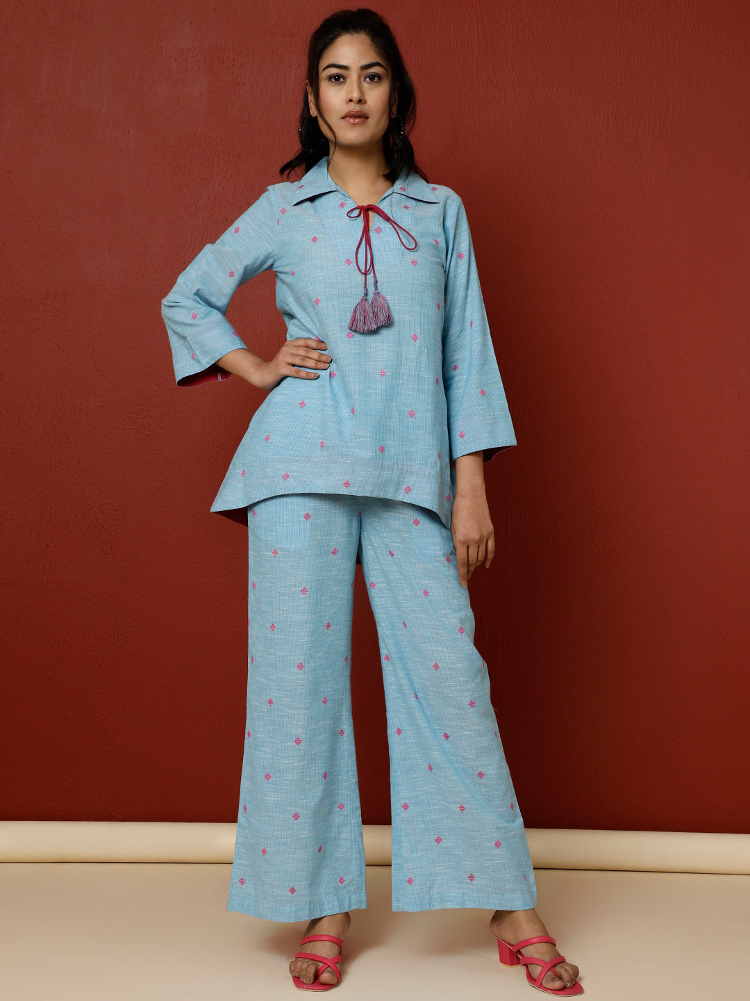 Sky Blue Cotton Yard Dyed Loungewear Set