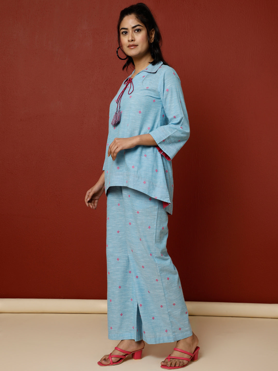 Sky Blue Cotton Yard Dyed Loungewear Set