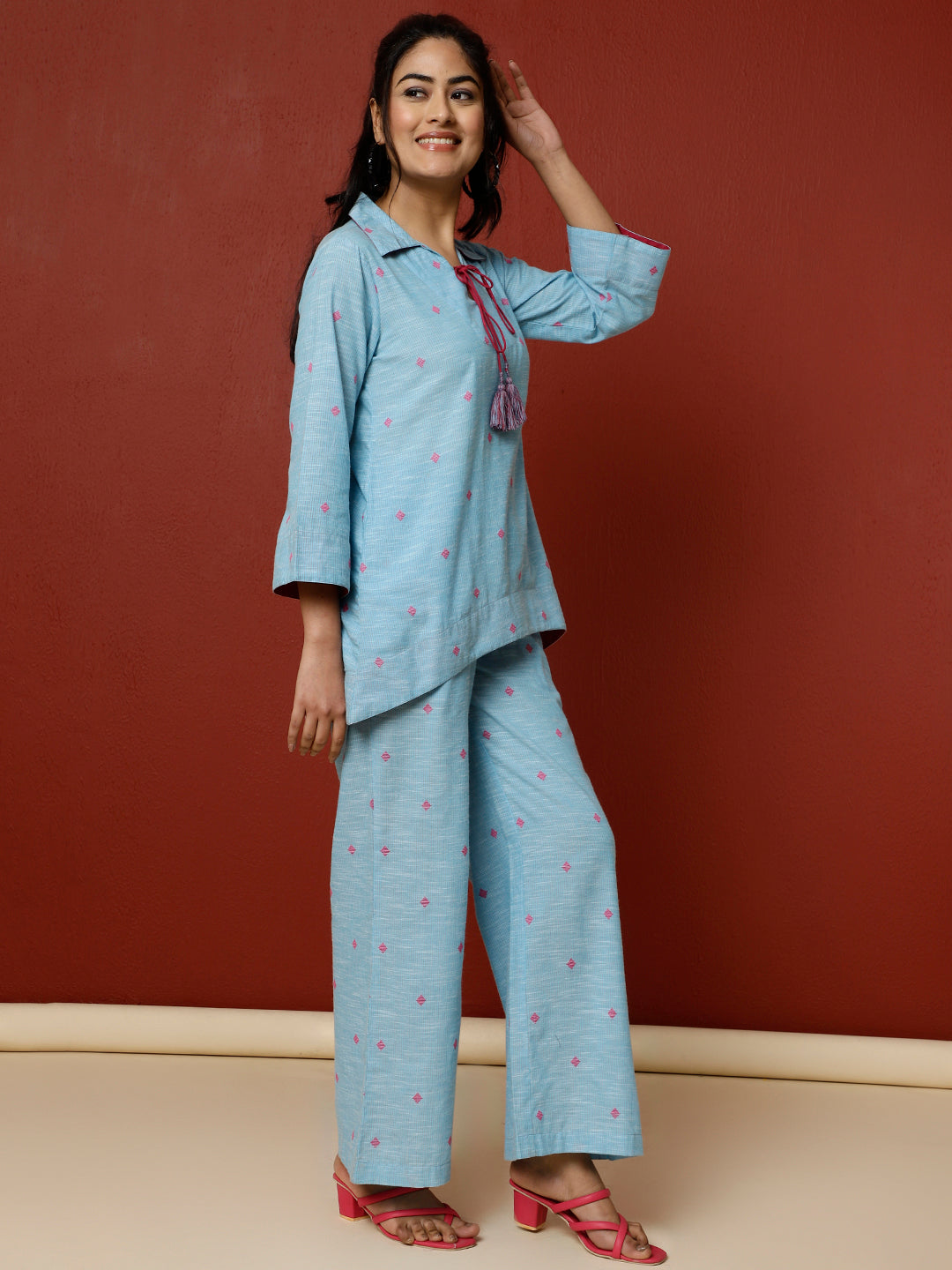 Sky Blue Cotton Yard Dyed Loungewear Set