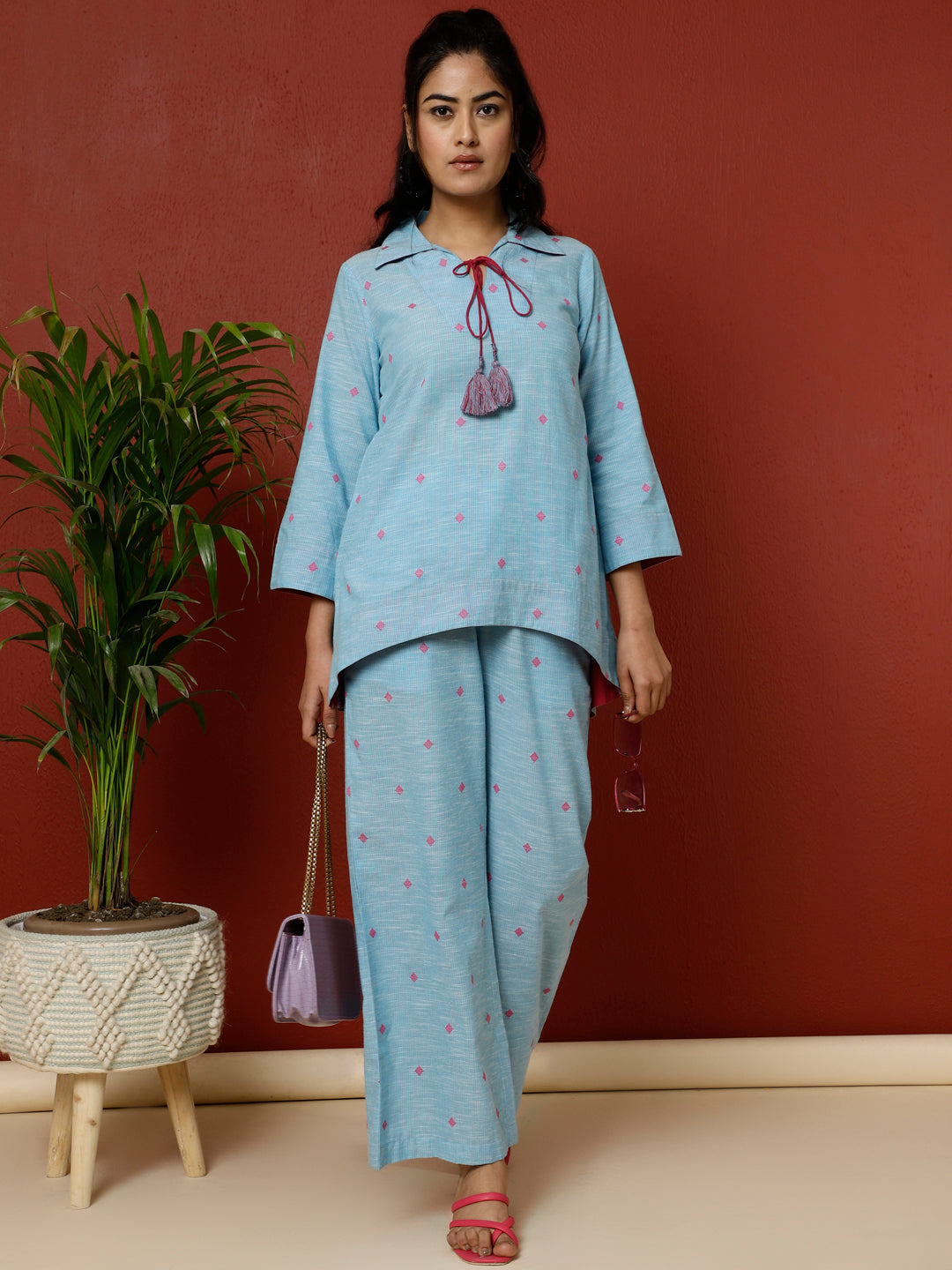 Sky Blue Cotton Yard Dyed Loungewear Set