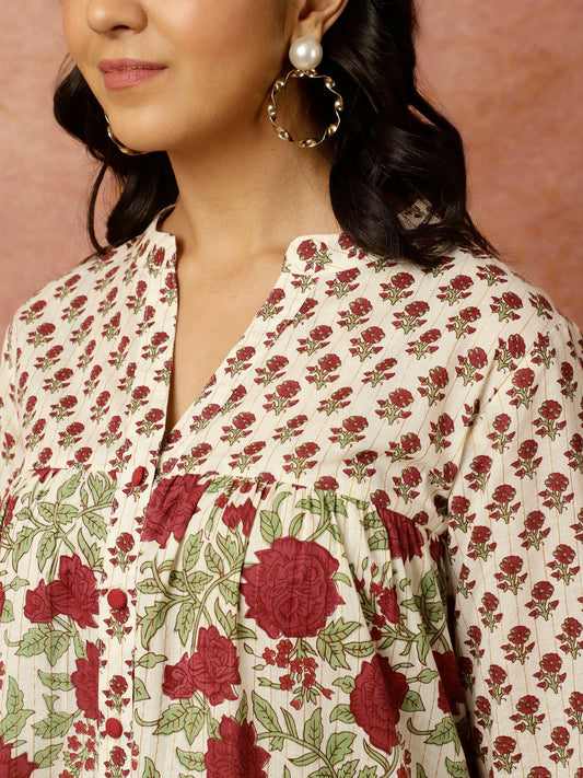 Floral Block Printed Loose Fit Cotton Kurta