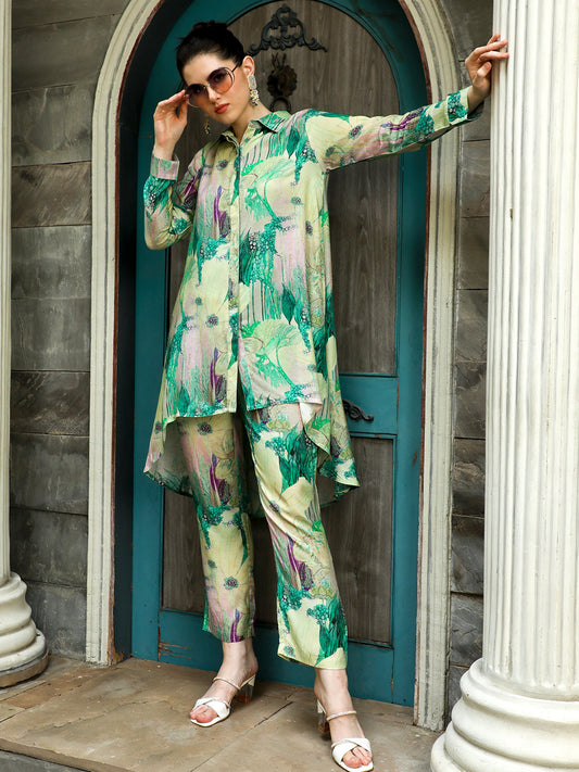 Green Printed Muslin Shirt With Palazzo Co-ord Set