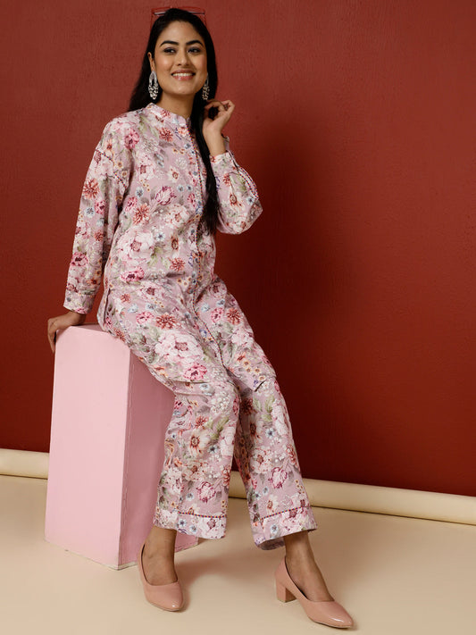 Pink Floral Printed Kurta With Palazzo Co-ord Set