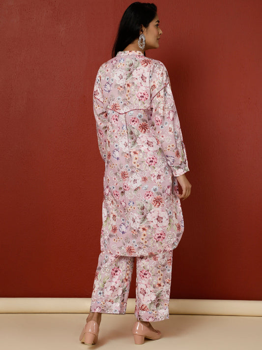 Pink Floral Printed Kurta With Palazzo Co-ord Set