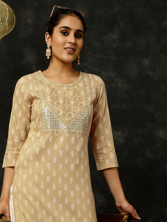 Beige Ethnic Motif Printed Embroidered Straight Kurta