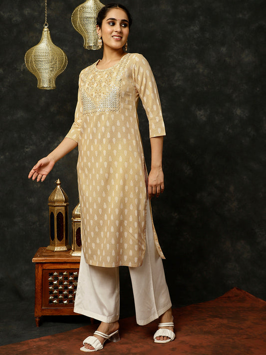 Beige Ethnic Motif Printed Embroidered Straight Kurta